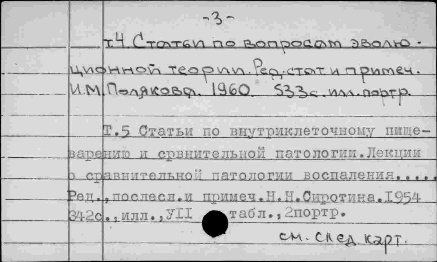 ﻿—				—	—	' тН.£1тсах^УА п? ечо пройдете аьалуд...... >'гЛ'г-\о\г\ тео у>	.'^е^| .с-техт \л п ^>\лглеч .
	им	1^60.	5гЬЪ< . ИЛЛ. ПоруР-	 Г.5 Статьи по внутриклеточному пище-
-		нию и срвнительной патологии.Лекции
	й СР	авшттелъной патологии воспаления.. ,,,
	Вед.	, по с ле с л.и примеч.Н.Н.Сиротин а.Т 944
	34£с	,,илл.|УП ^^табл.> дпортр.
		- .. _	С кед Кару.
		I